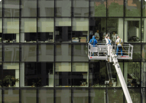 High-rise window cleaning in progress