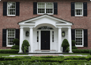 Colonial-style house facade with black shutters.
