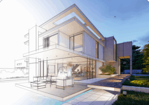 Modern house design sketch and rendering