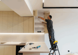 Worker adjusting overhead kitchen storage