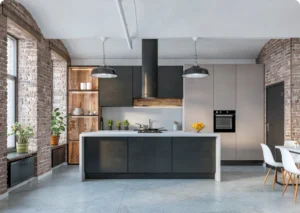 Modern kitchen with brick walls