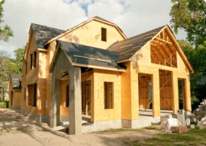 Residential construction site with wood structure