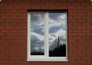 Clouds reflecting in house window